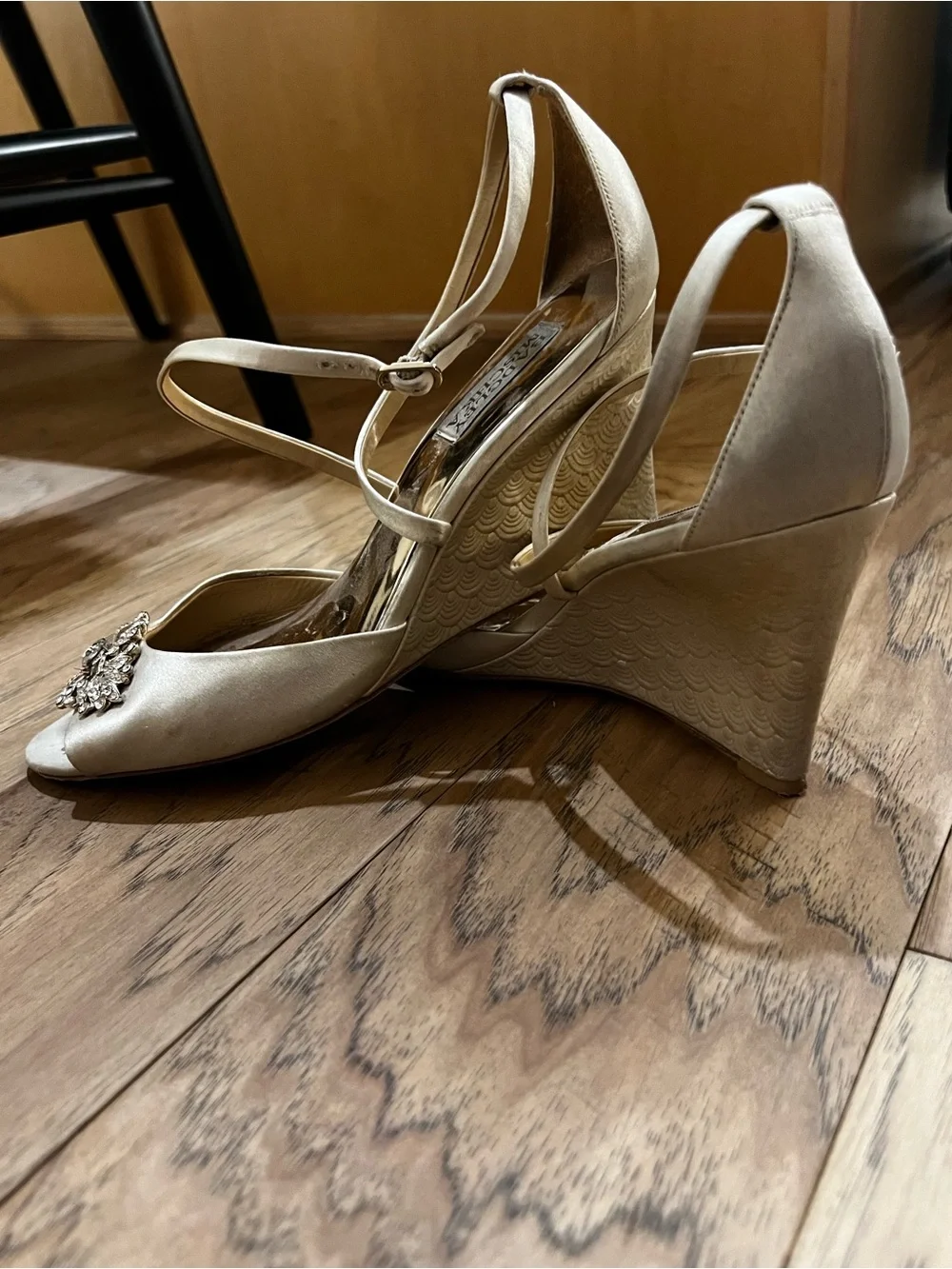 Badgley Mischka Ivory Satin Wedge Sandal with Crystal Embellishment